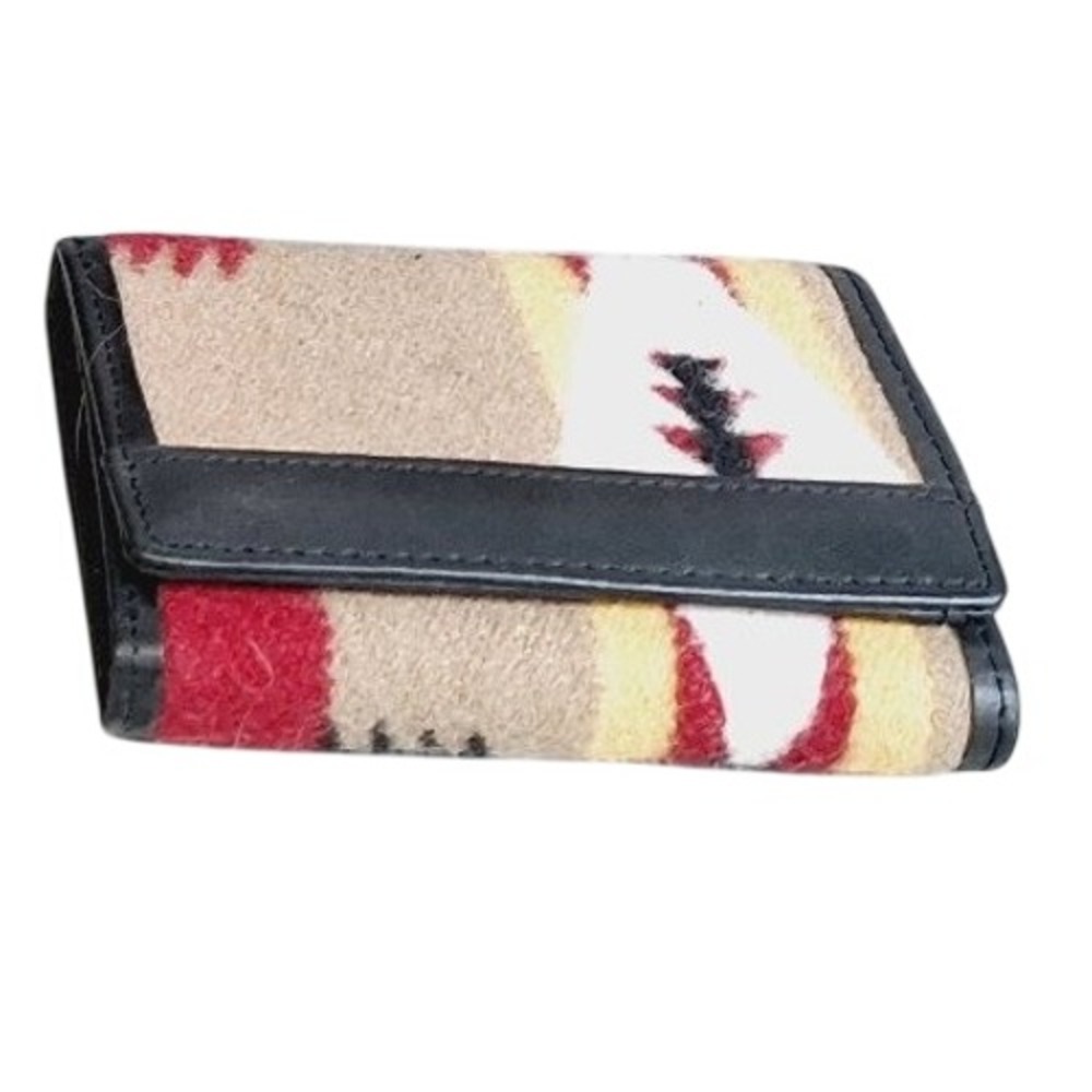 Mens Southwestern Wool Leather Trifold Wallet Geometric Pattern Black Trim Tan‎